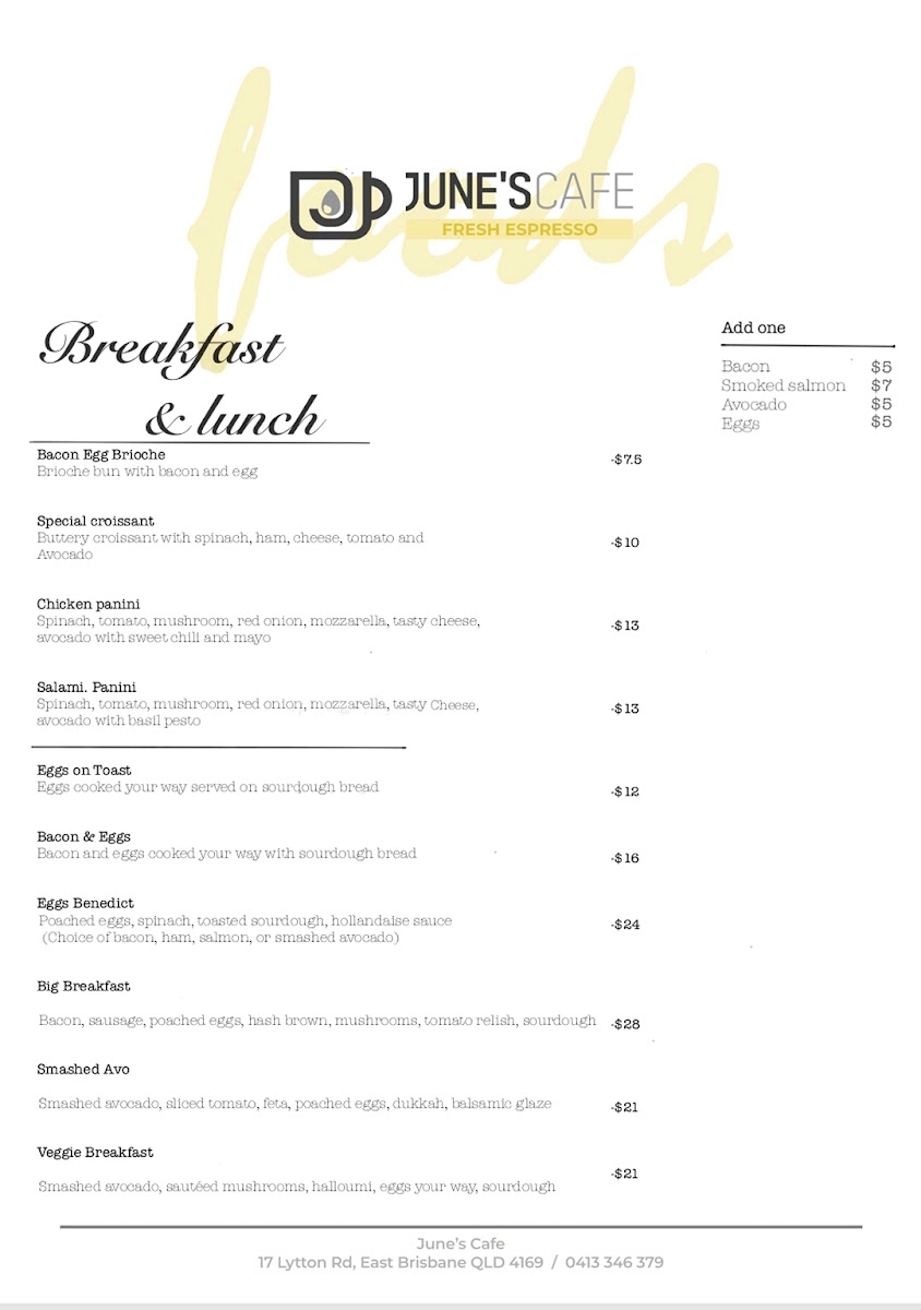 June's cafe Rochedale South menu board