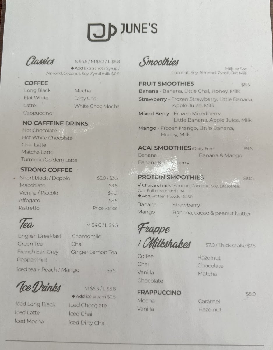 June's cafe Rochedale South menu board