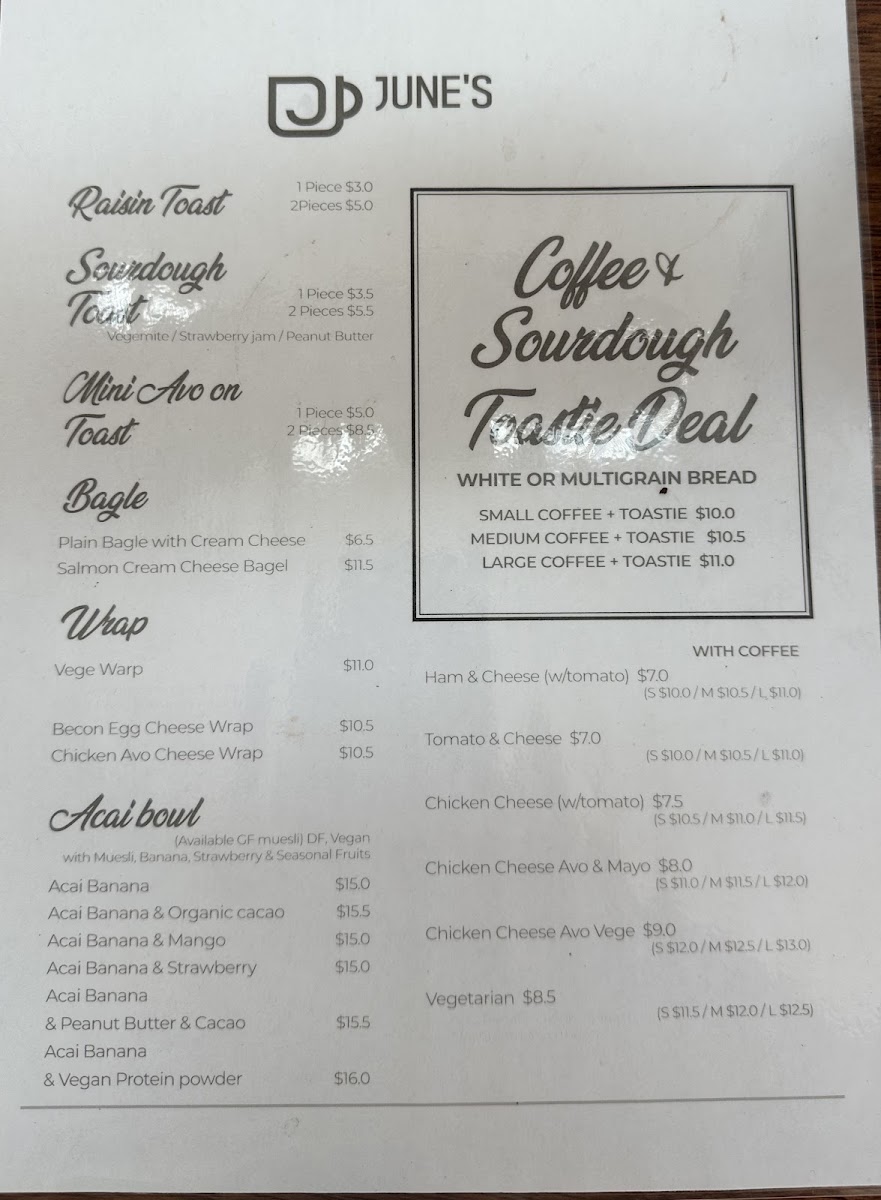 June's cafe Rochedale South menu board