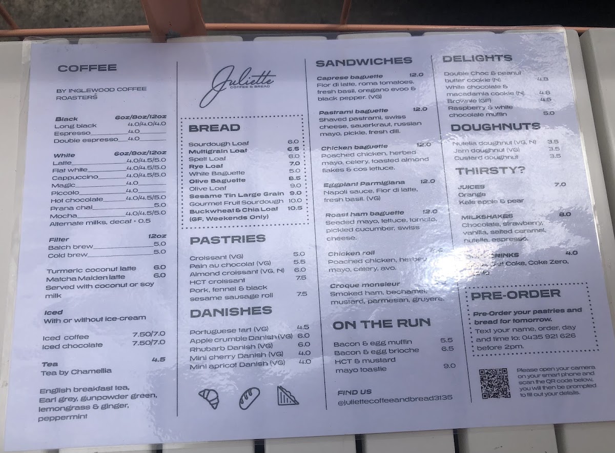 Juliette Coffee & Bread Ringwood East menu board