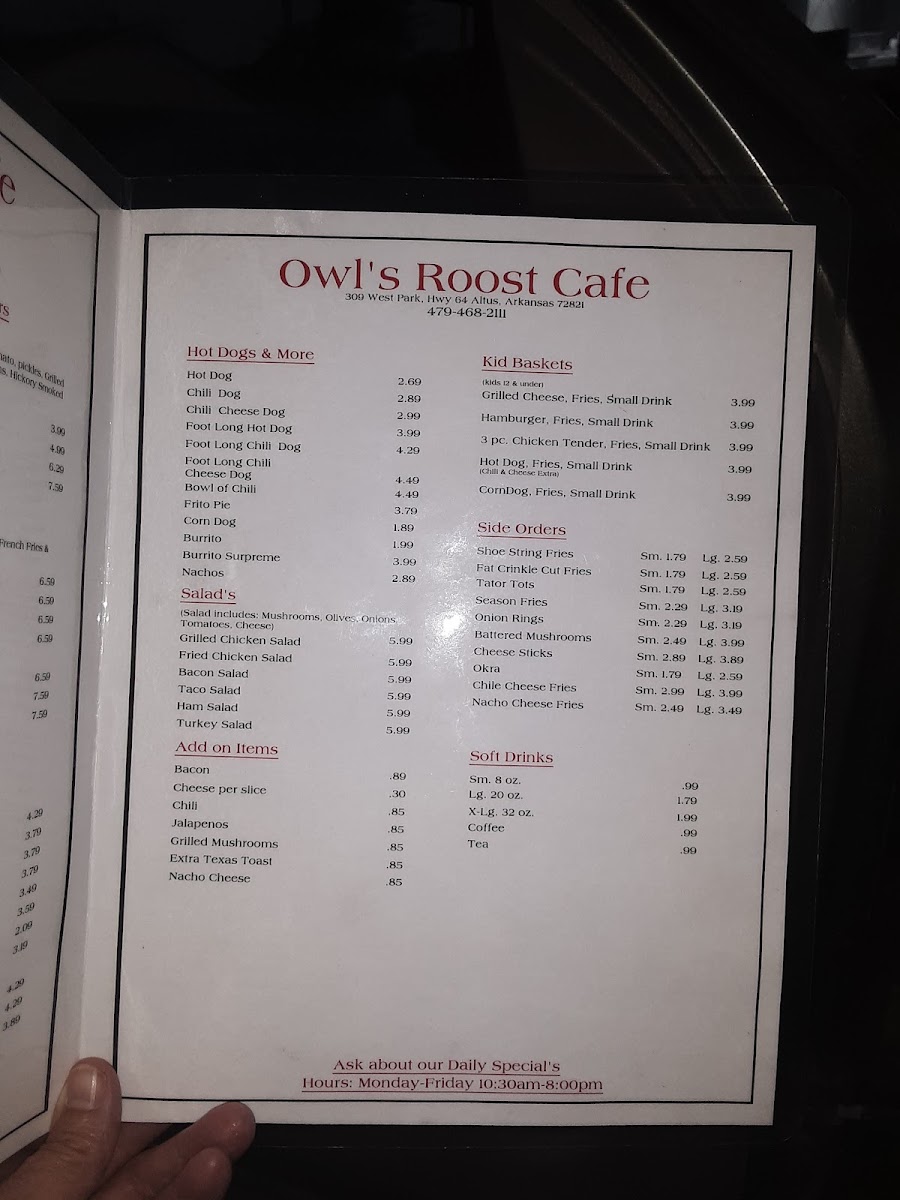 Owls Roost Cafe menu board