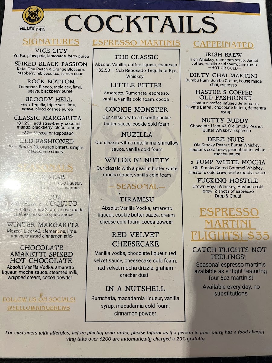 Yellow King Bristol menu board