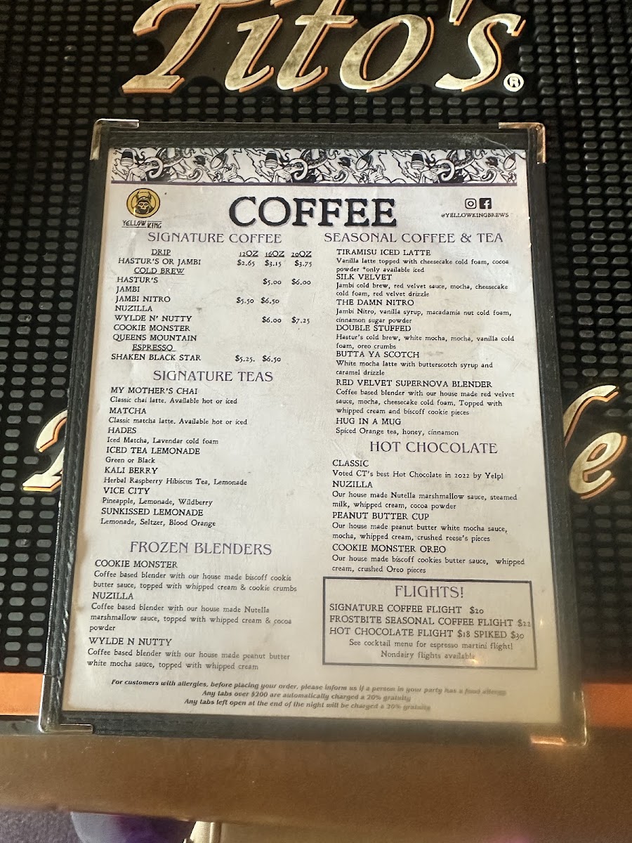 Yellow King Bristol menu board