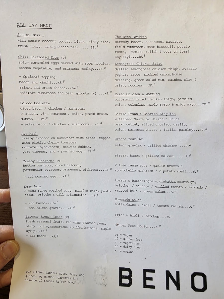 Beno Cafe menu board