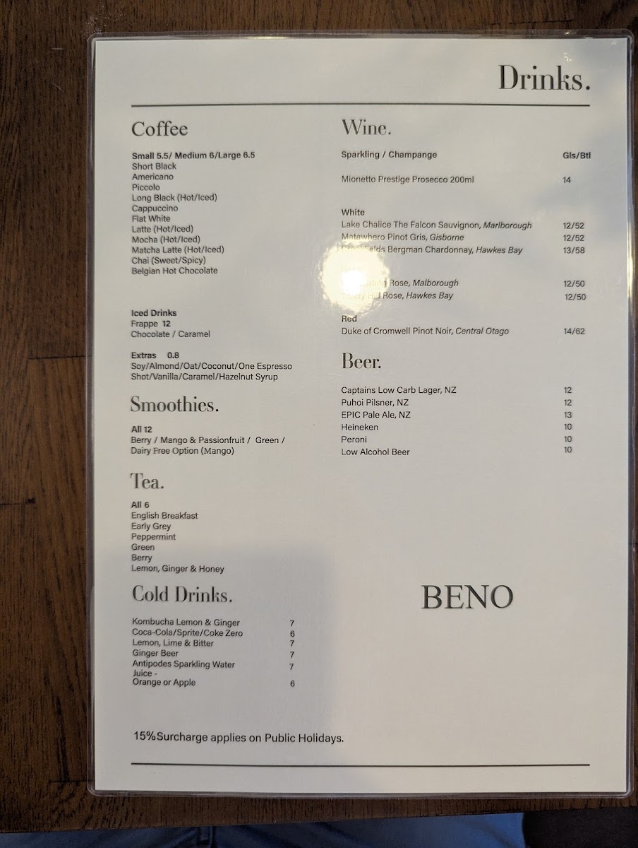 Beno Cafe menu board