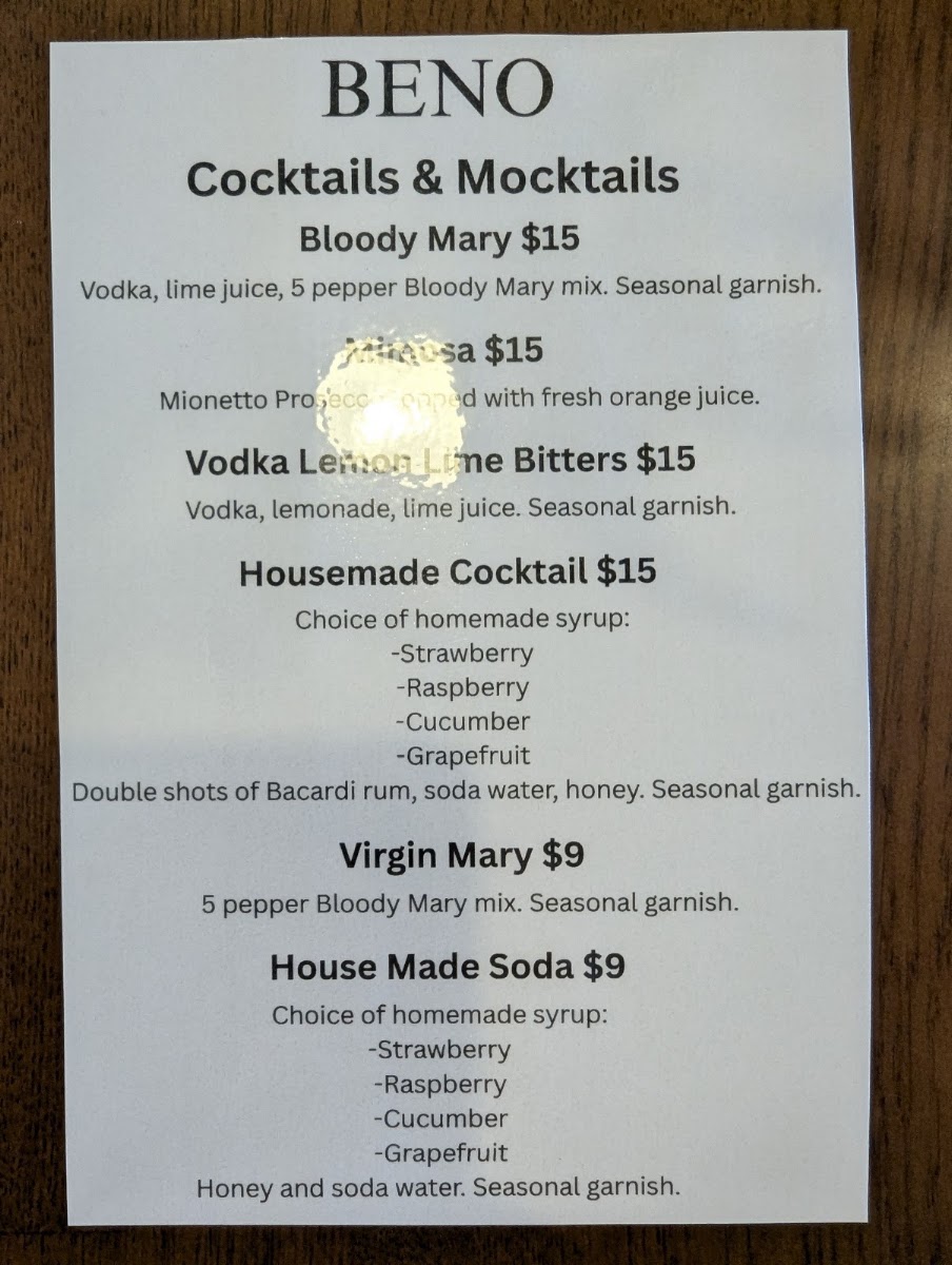Beno Cafe menu board