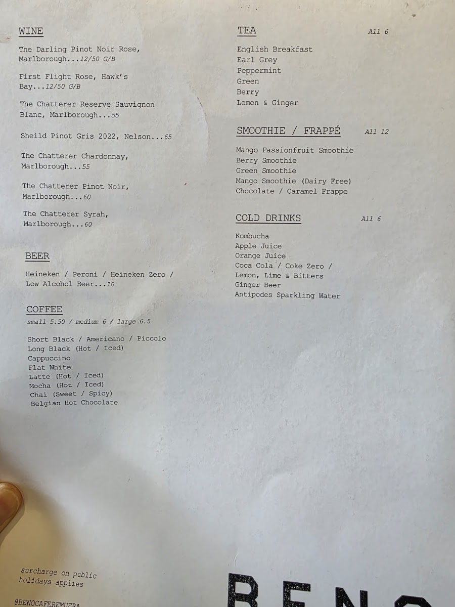 Beno Cafe menu board