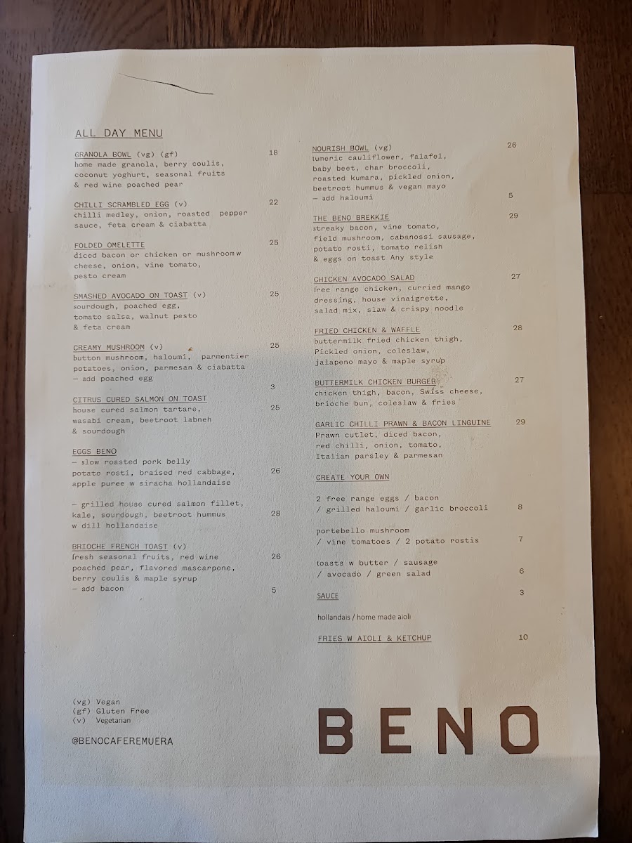 Beno Cafe menu board