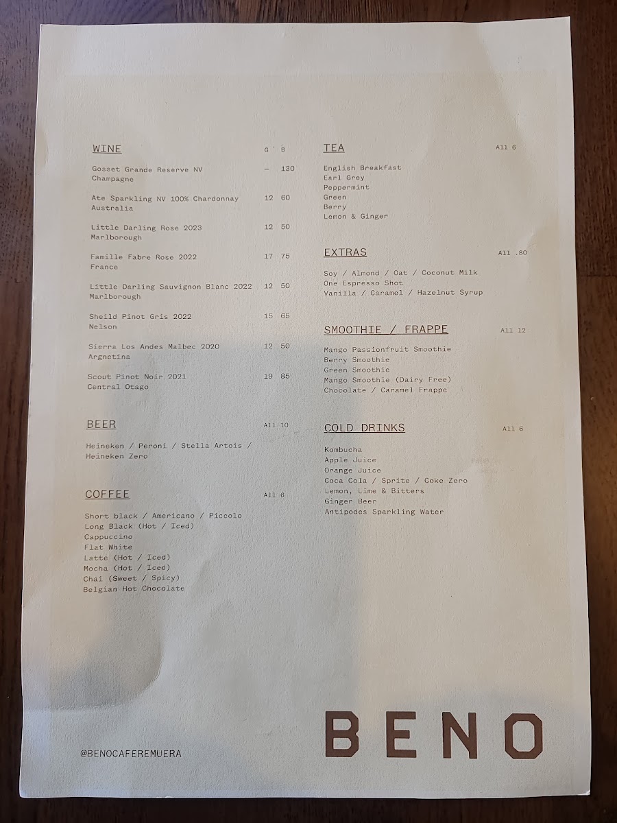 Beno Cafe menu board
