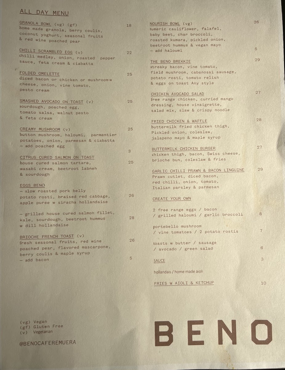 Beno Cafe menu board