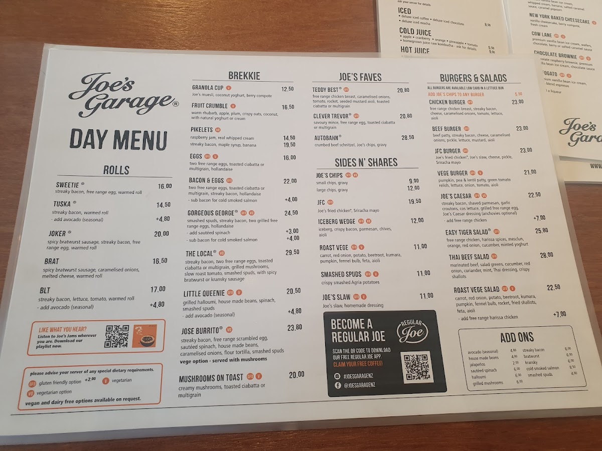 Joe's Garage Ashburton menu board