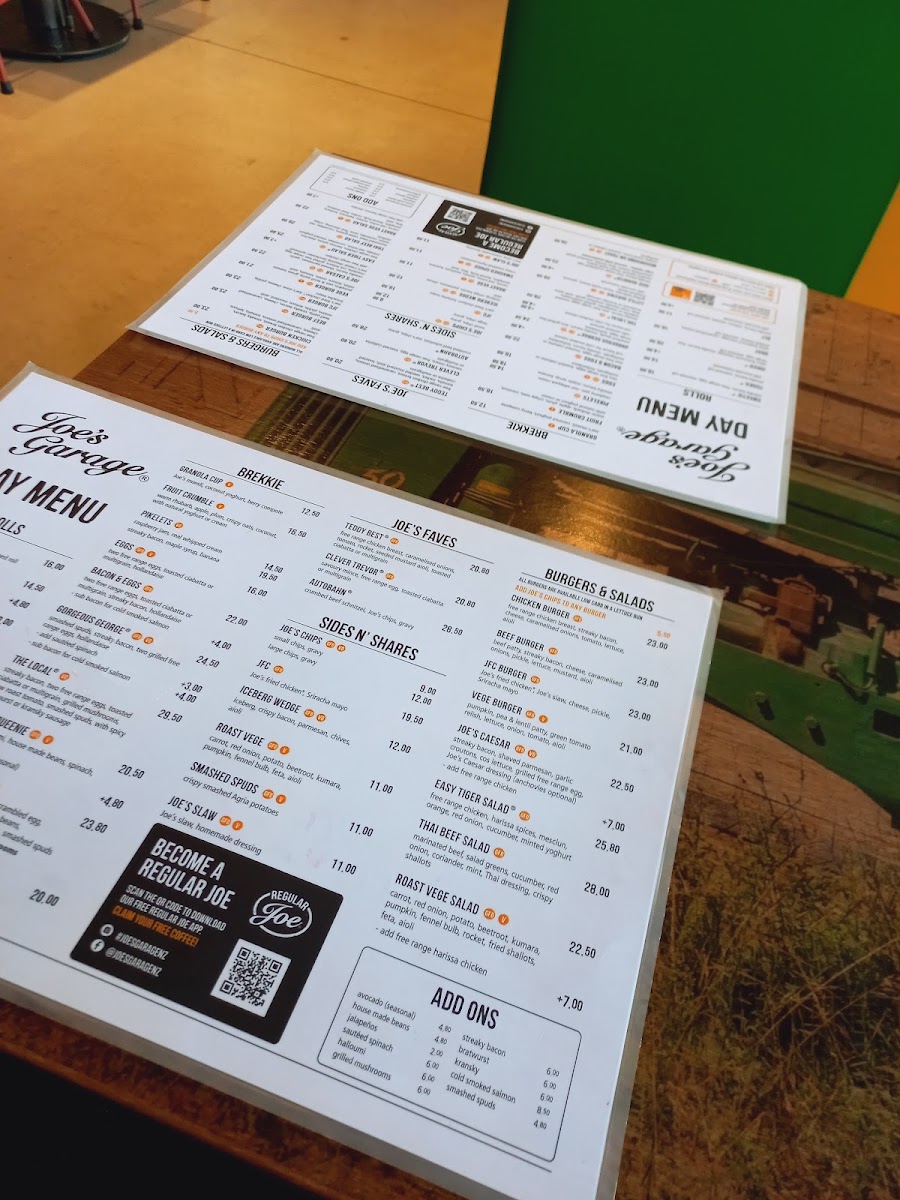 Joe's Garage Ashburton menu board
