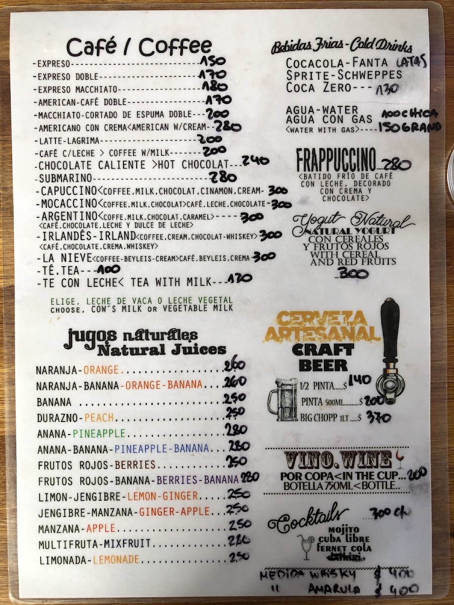 LA NIEVE CAFÉ y viandas (lunch and coffee) menu board