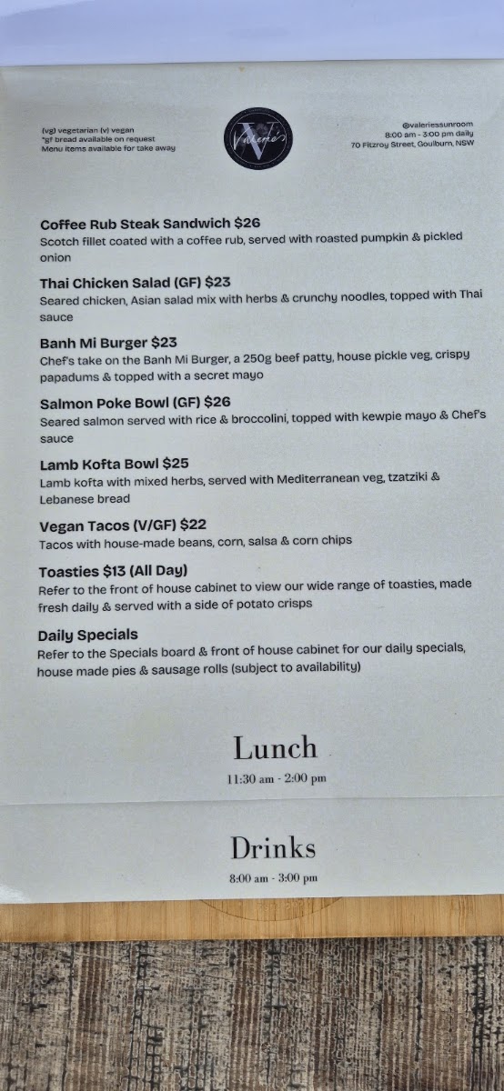 Valerie's Sunroom menu board