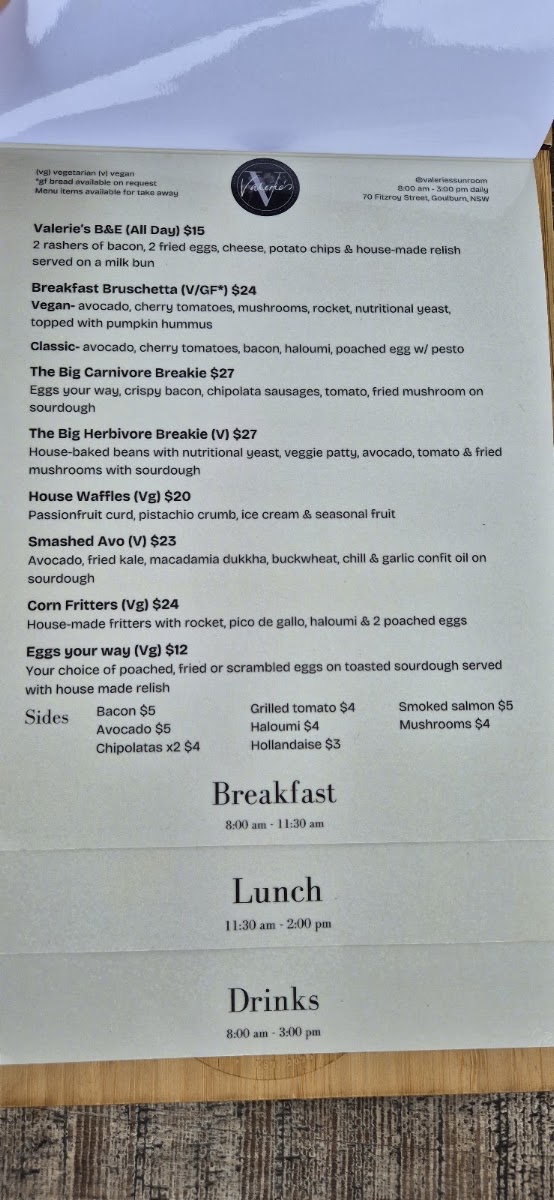 Valerie's Sunroom menu board