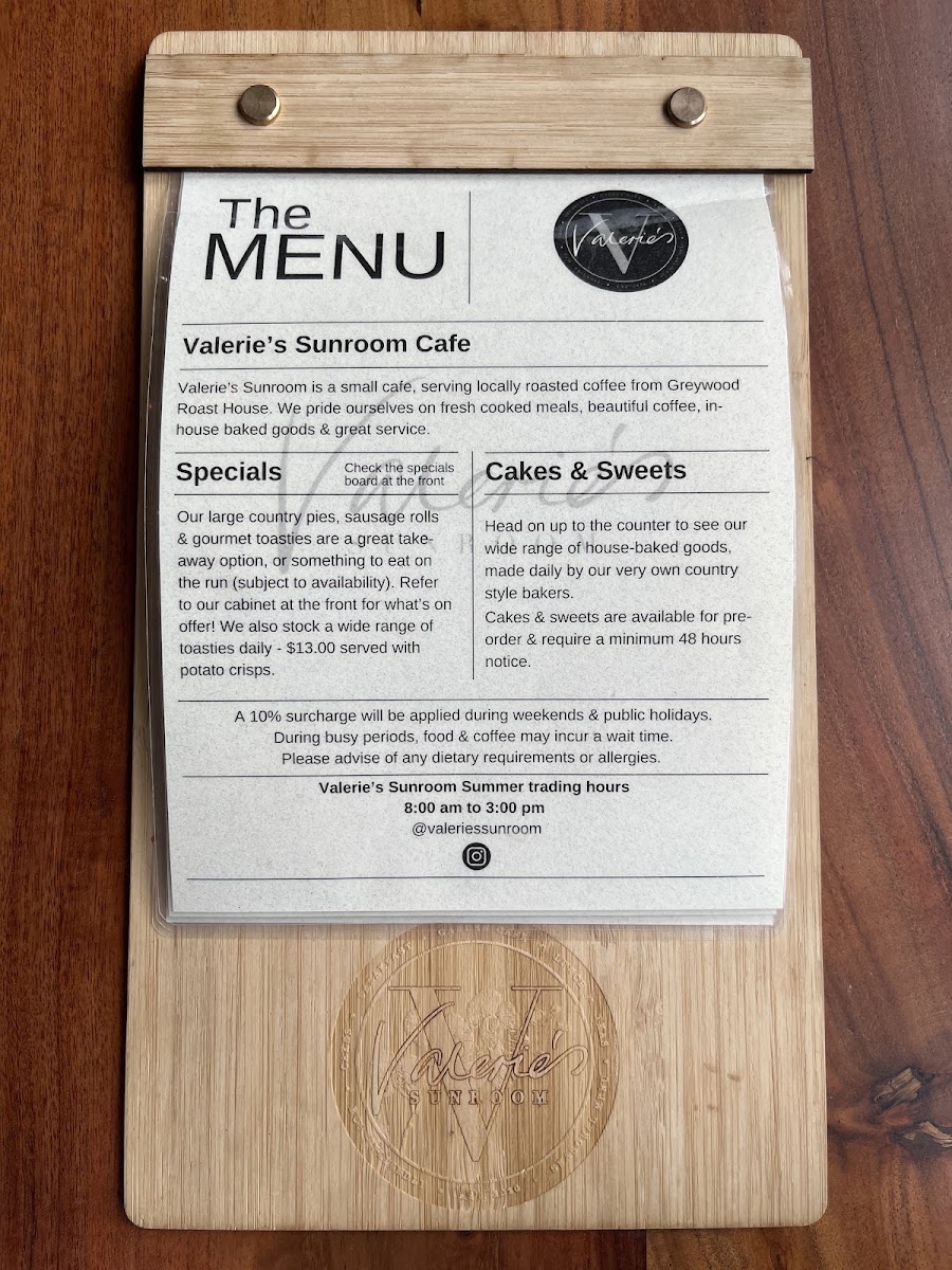 Valerie's Sunroom menu board