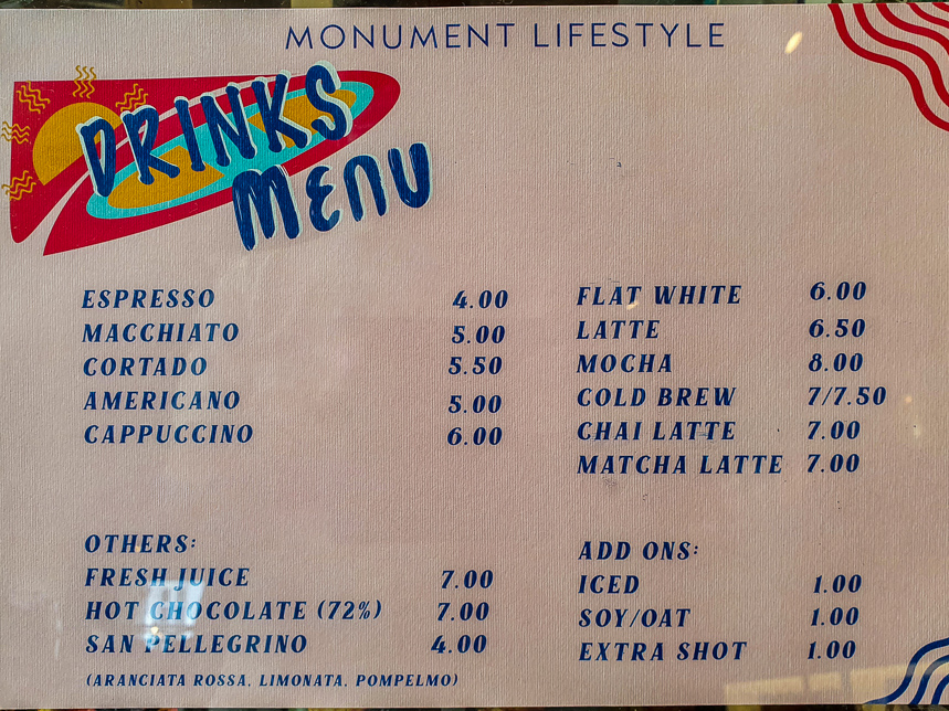Monument Lifestyle at Duxton Road menu board
