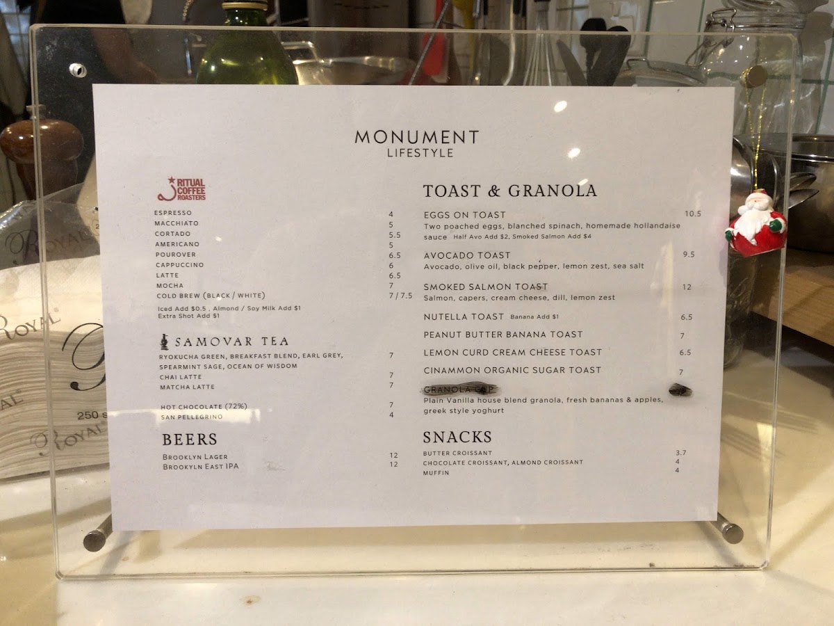 Monument Lifestyle at Duxton Road menu board