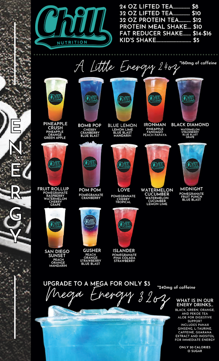 Chill Nutrition menu board