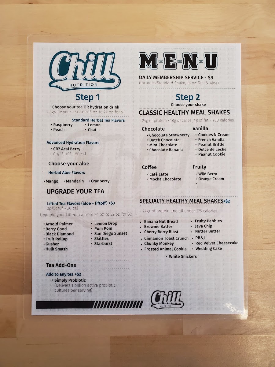 Chill Nutrition menu board