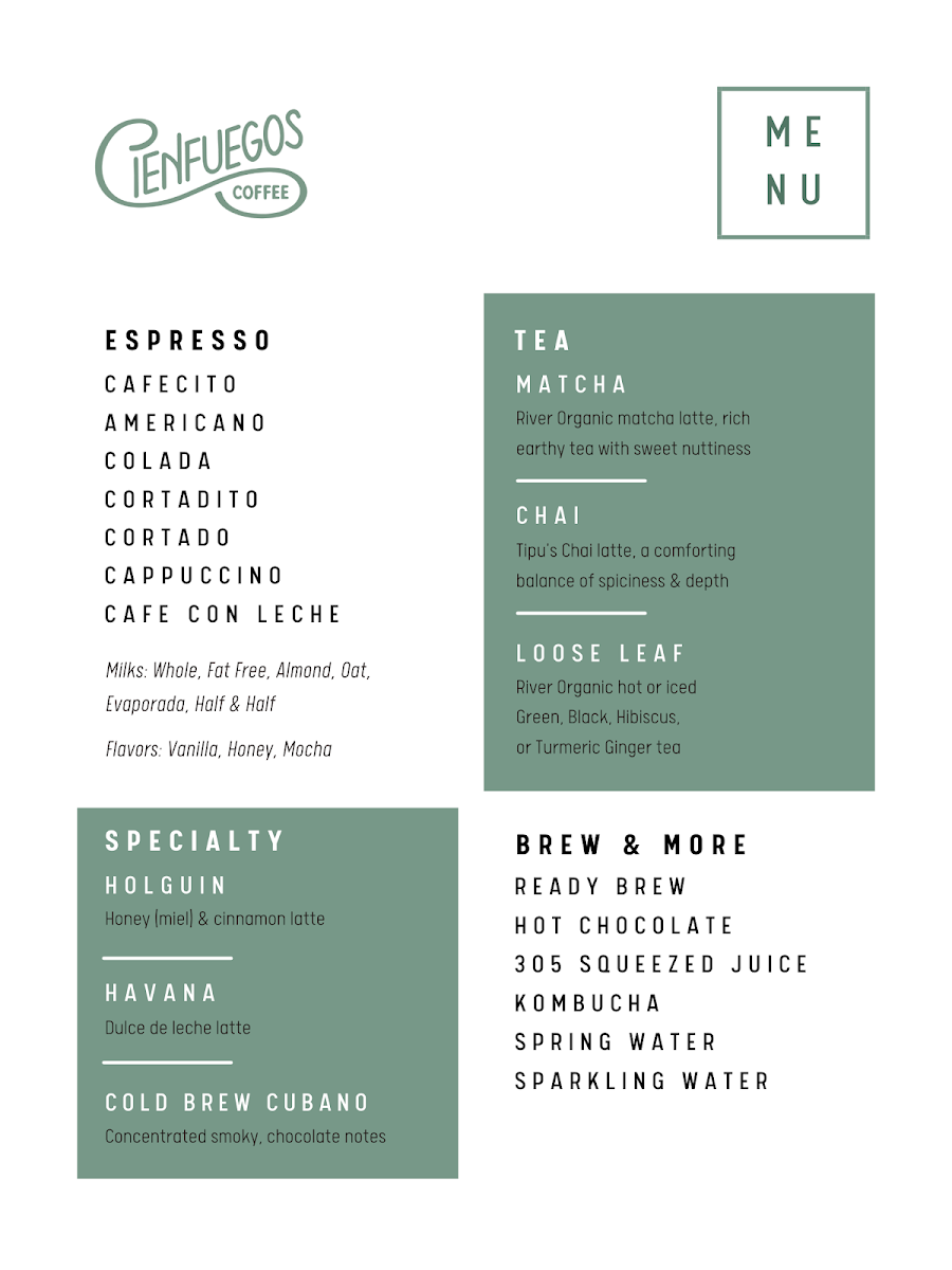 Cienfuegos Coffee menu board