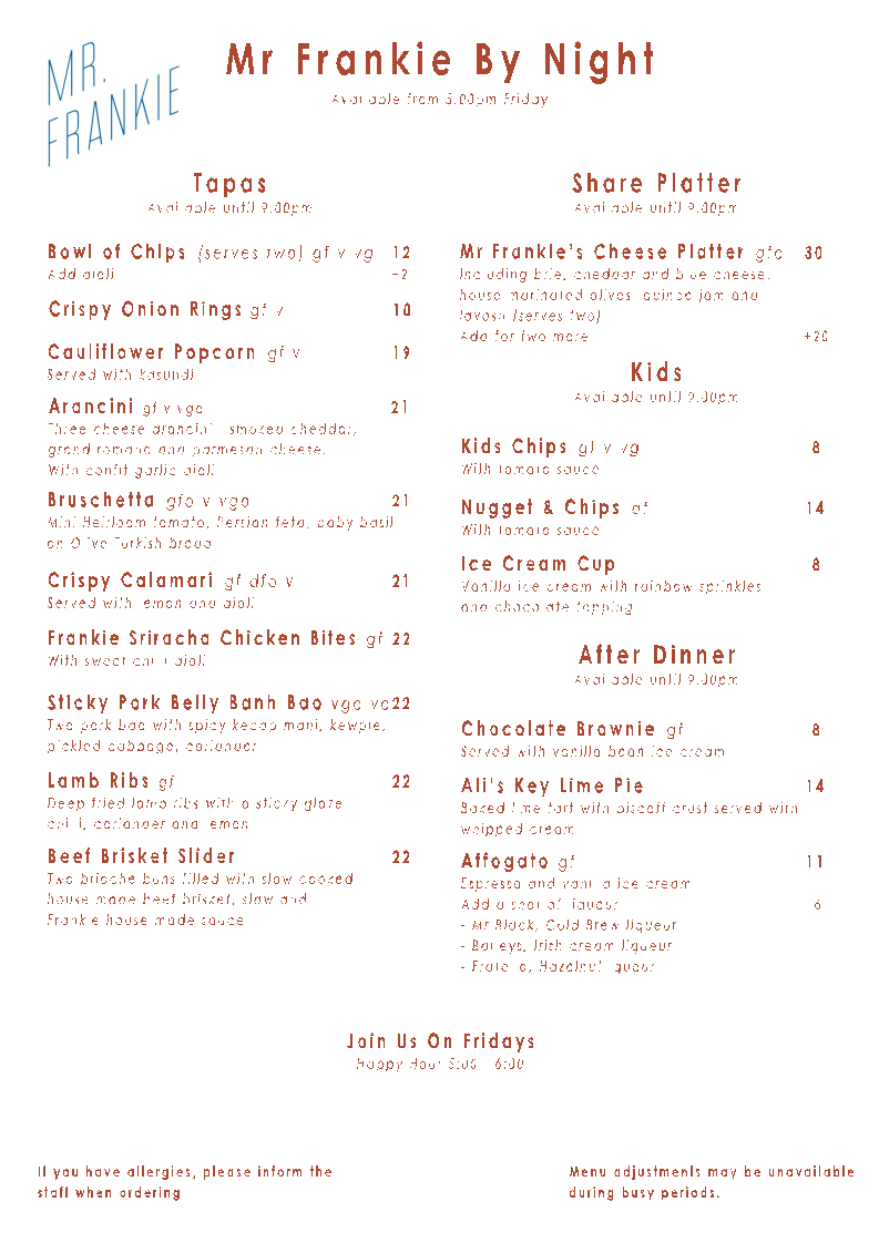 Mr Frankie menu board