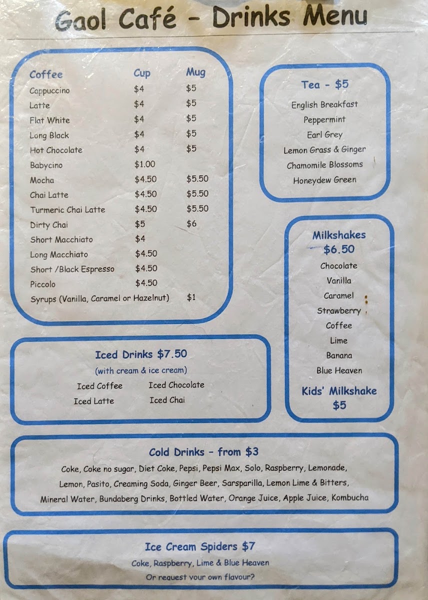 Gaol Cafe Kilmore menu board