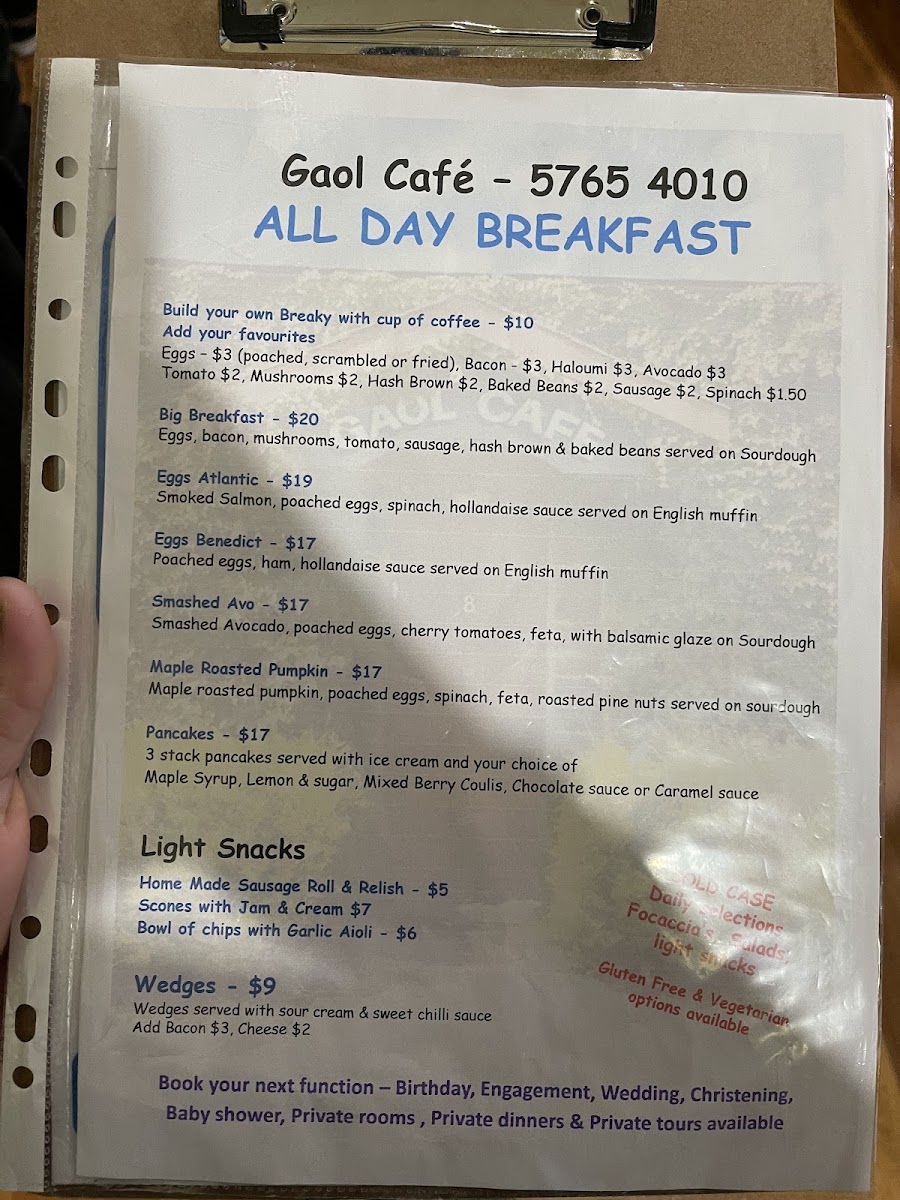 Gaol Cafe Kilmore menu board