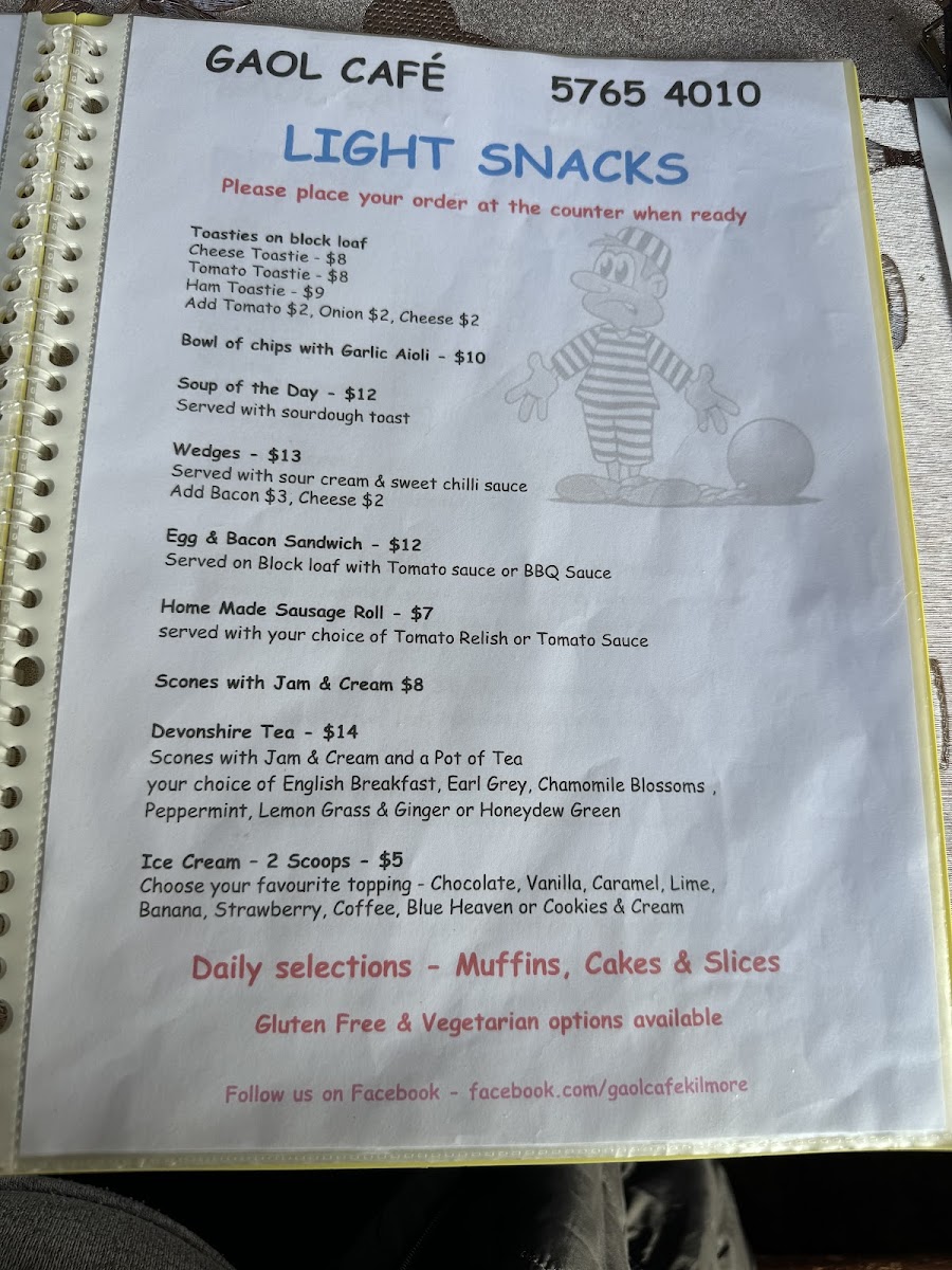 Gaol Cafe Kilmore menu board