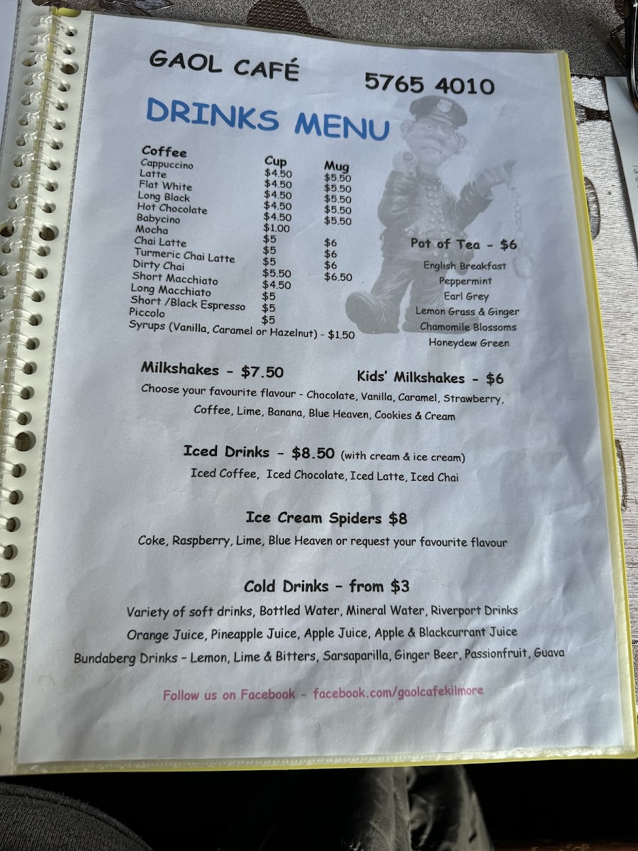 Gaol Cafe Kilmore menu board