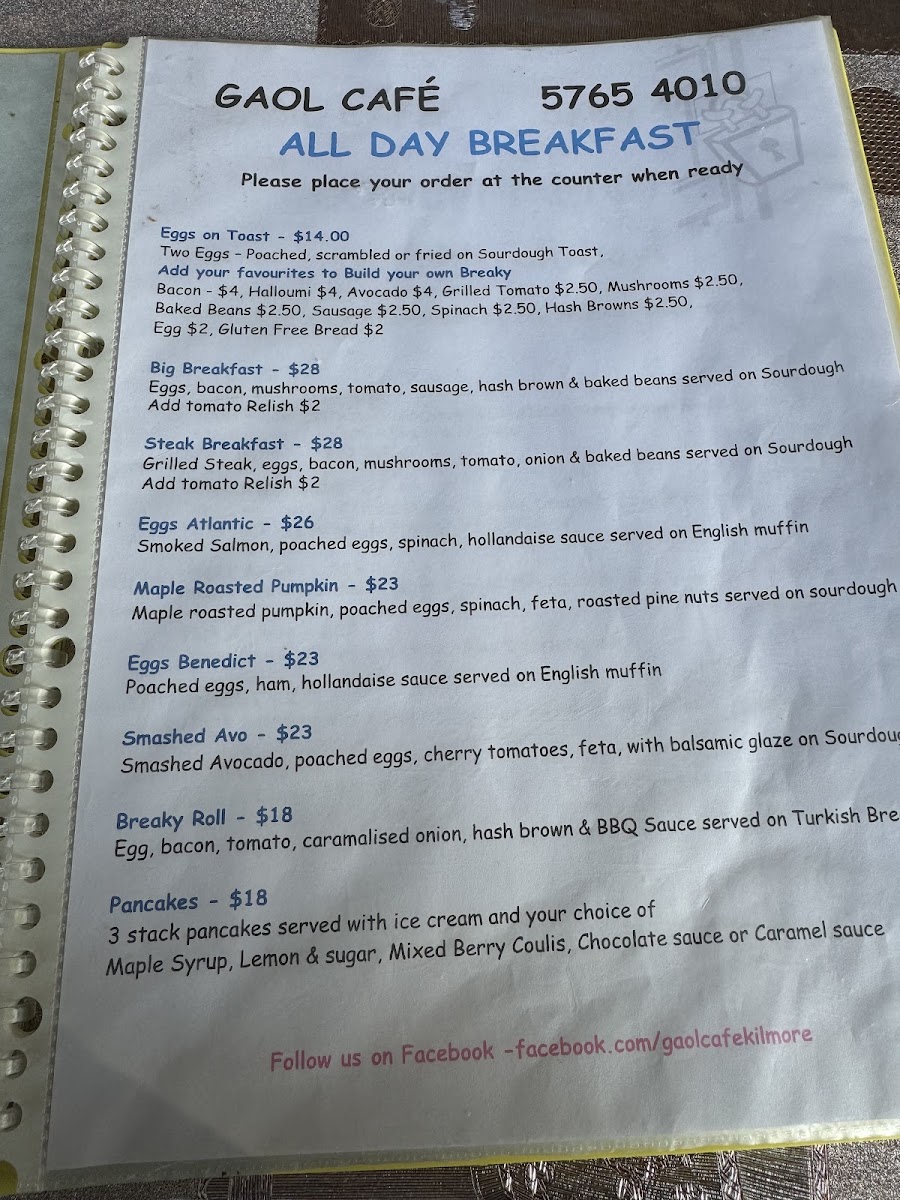 Gaol Cafe Kilmore menu board