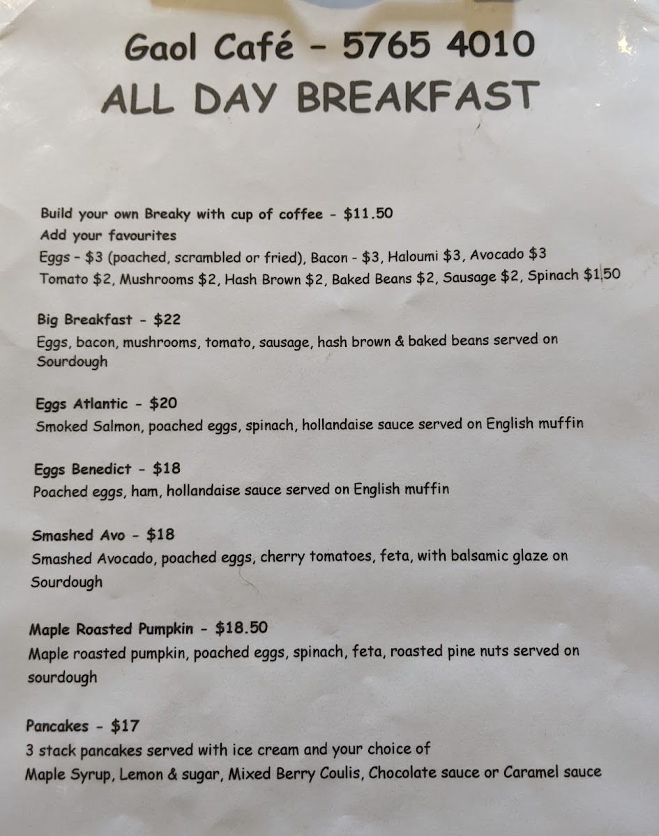 Gaol Cafe Kilmore menu board
