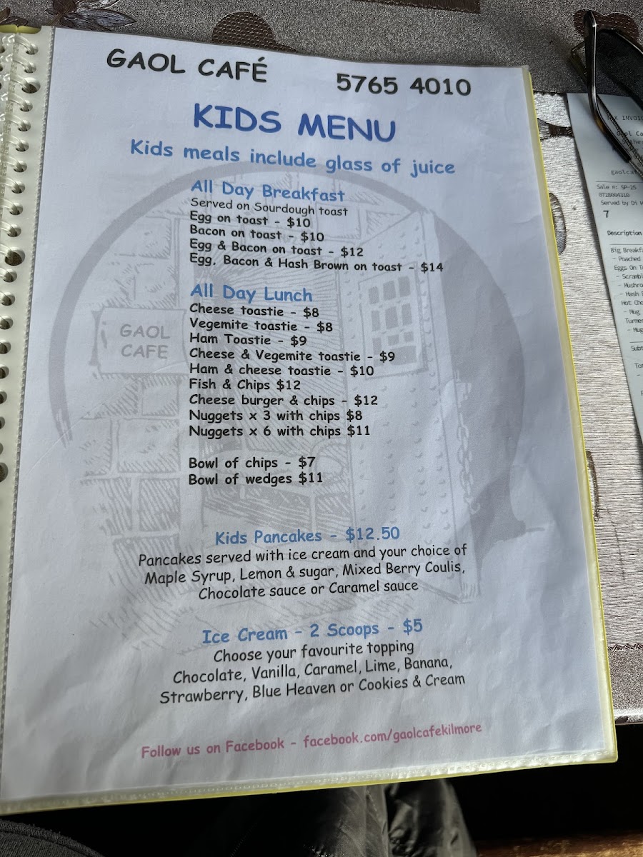 Gaol Cafe Kilmore menu board