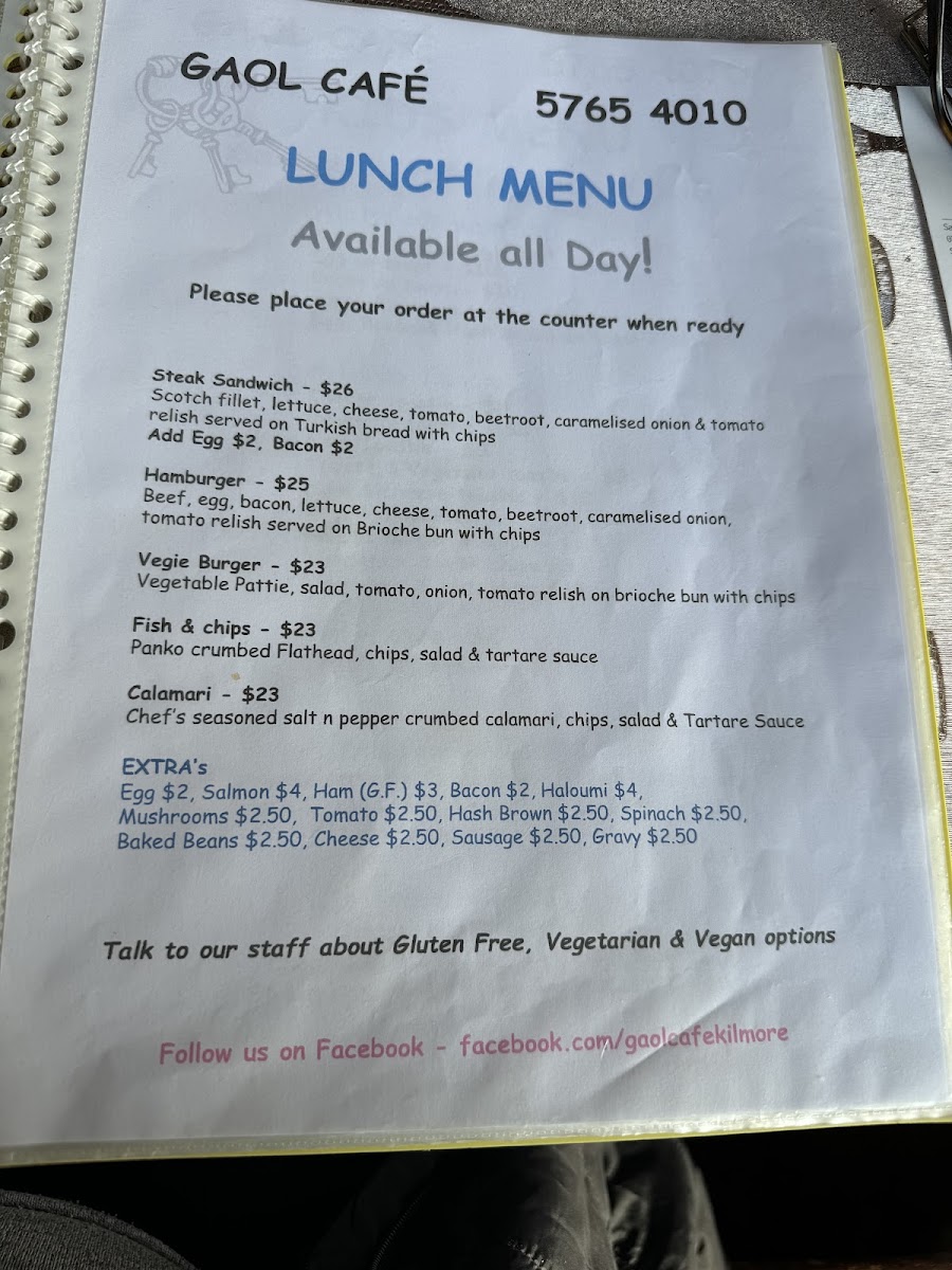 Gaol Cafe Kilmore menu board
