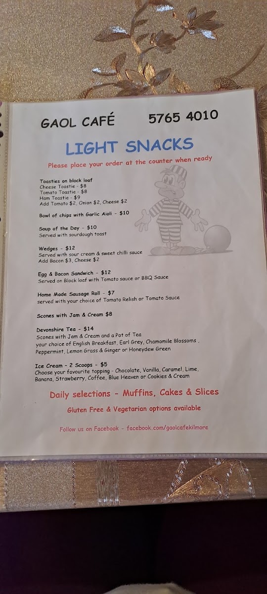 Gaol Cafe Kilmore menu board