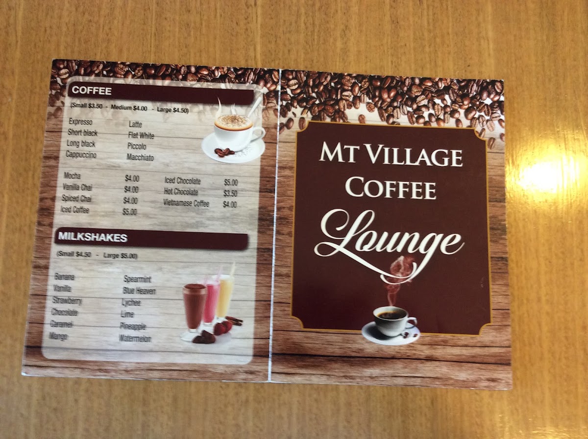 Mt Village Coffee Lounge menu board