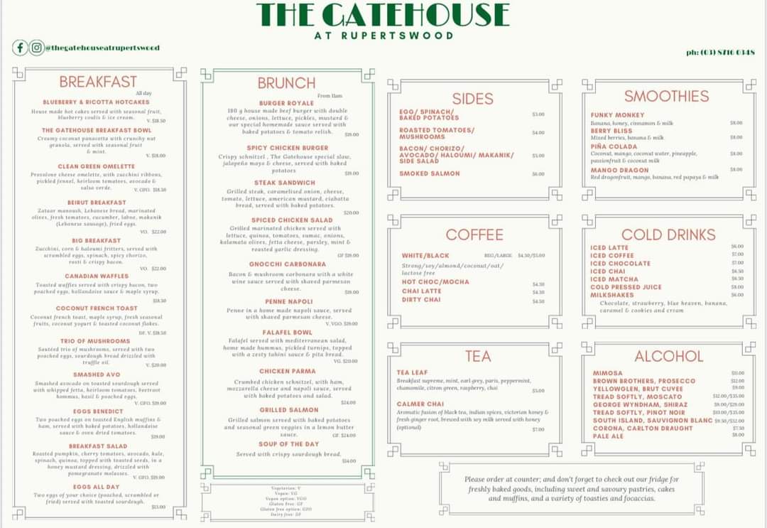 The Gatehouse at Rupertswood menu board