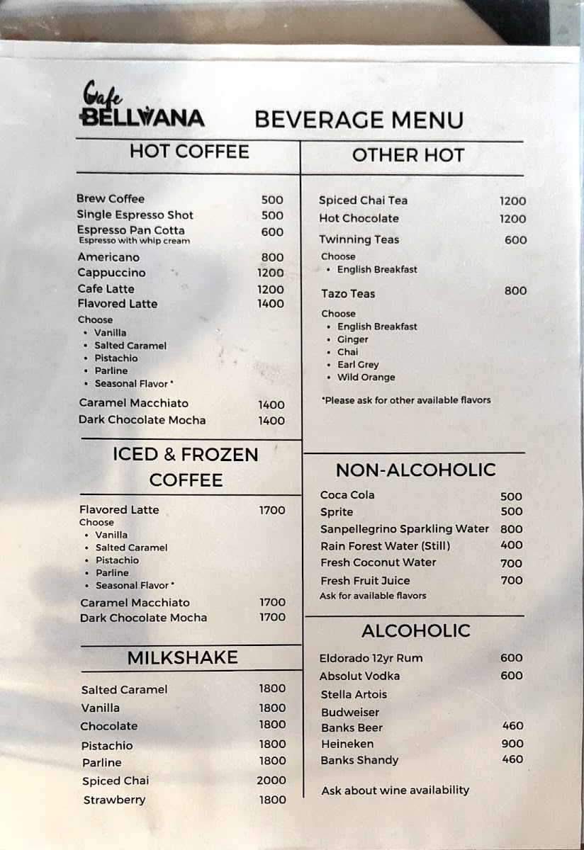 Café Bellvana menu board