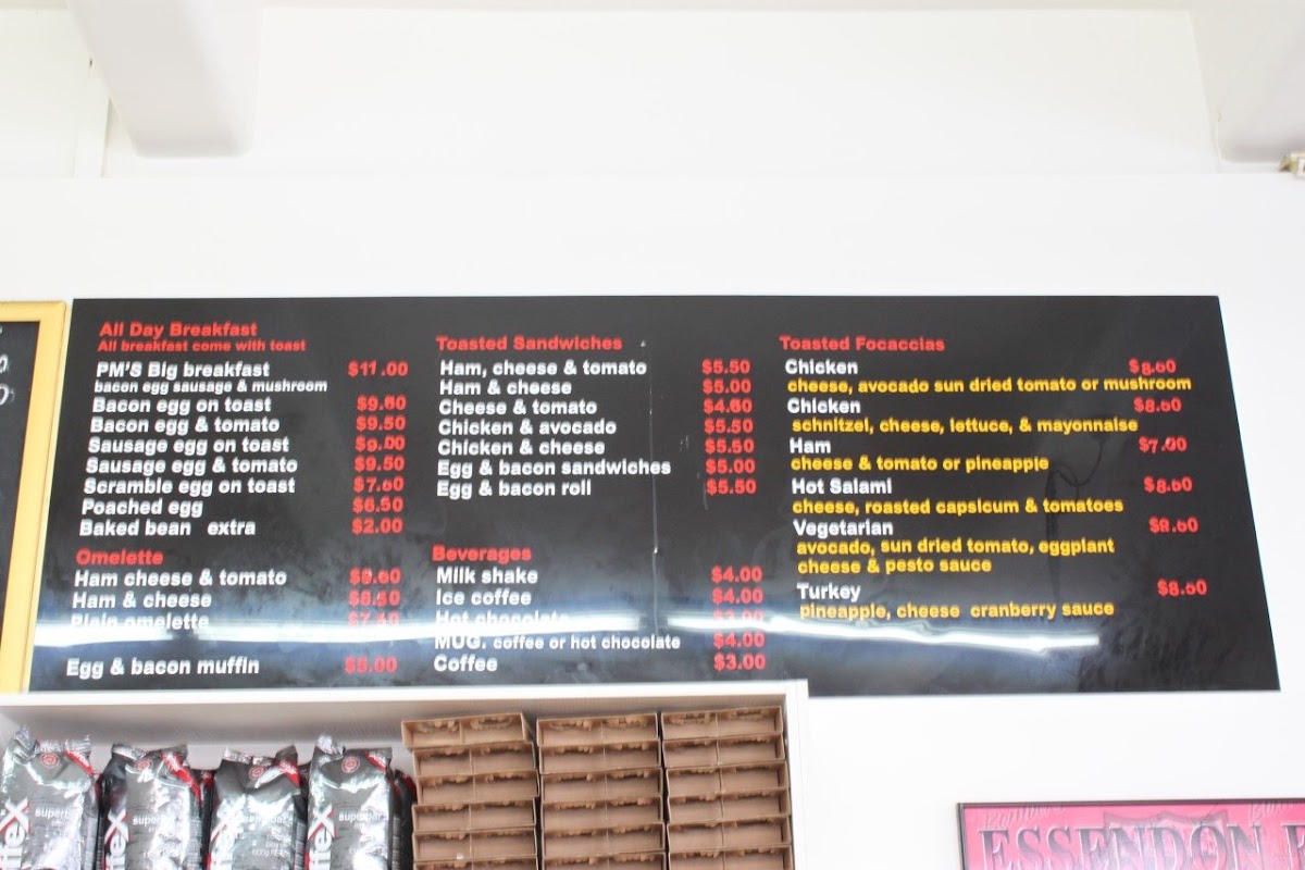 PM's Cafe menu board
