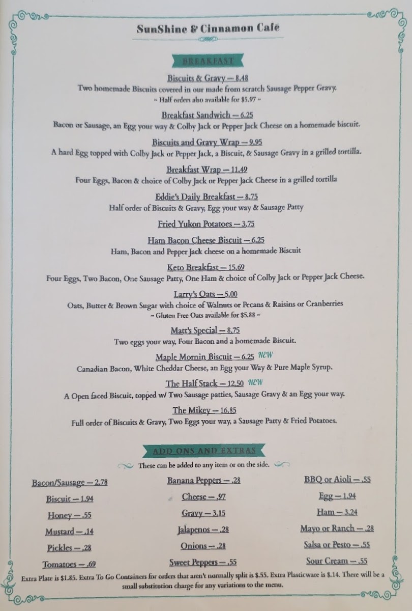 Sunshine & Cinnamon Cafe menu board