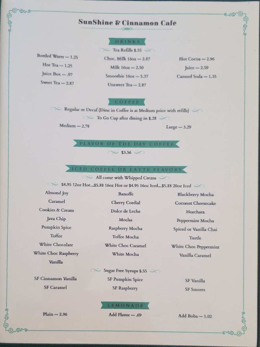 Sunshine & Cinnamon Cafe menu board