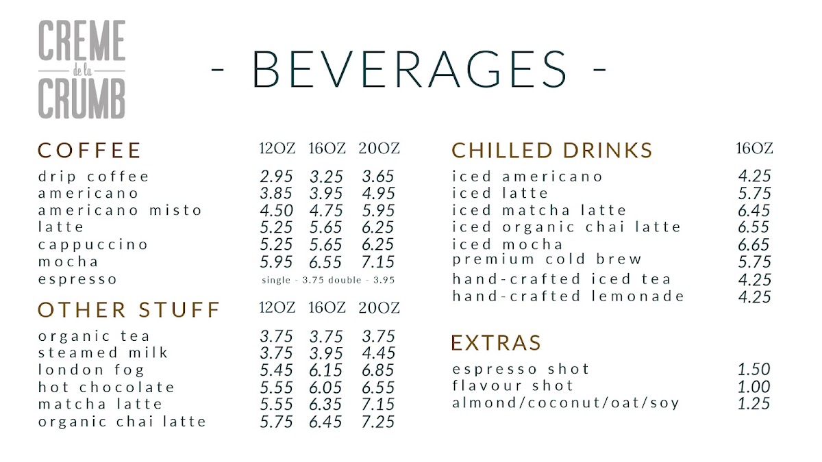 Creme de la Crumb Bakeshop & Catering menu board