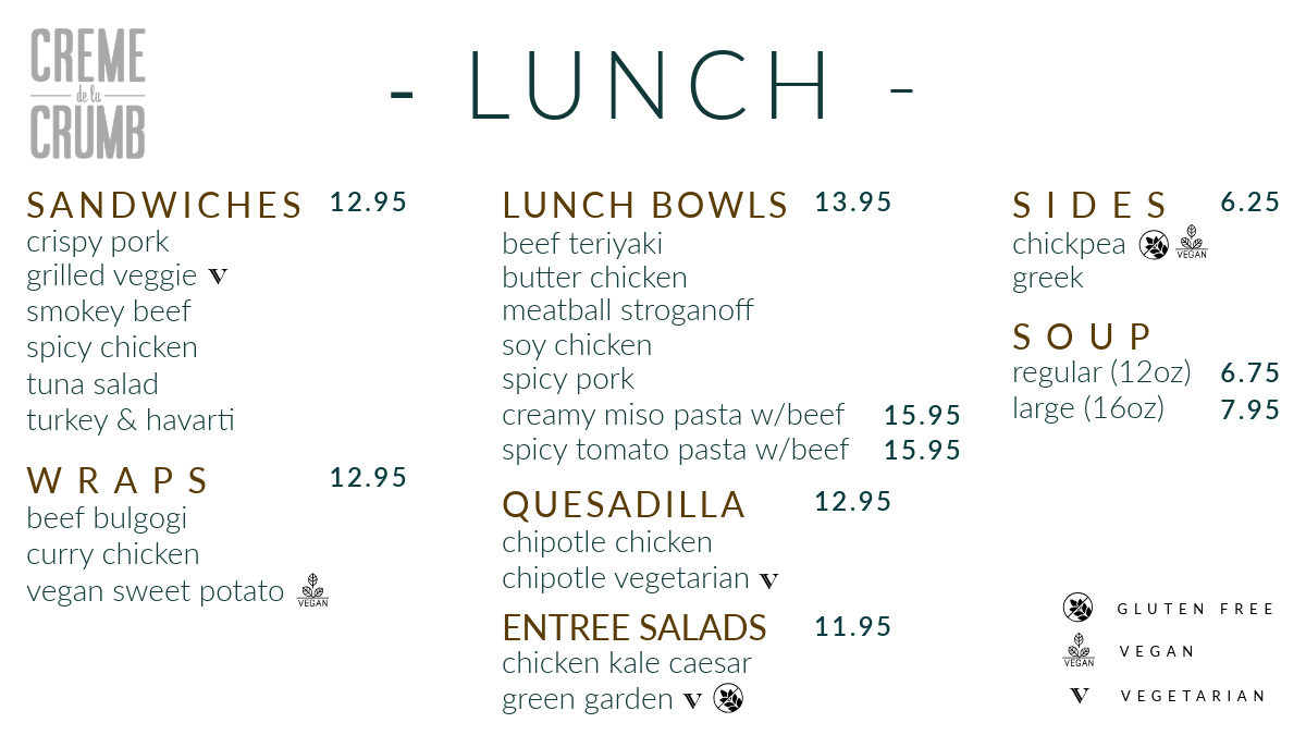 Creme de la Crumb Bakeshop & Catering menu board