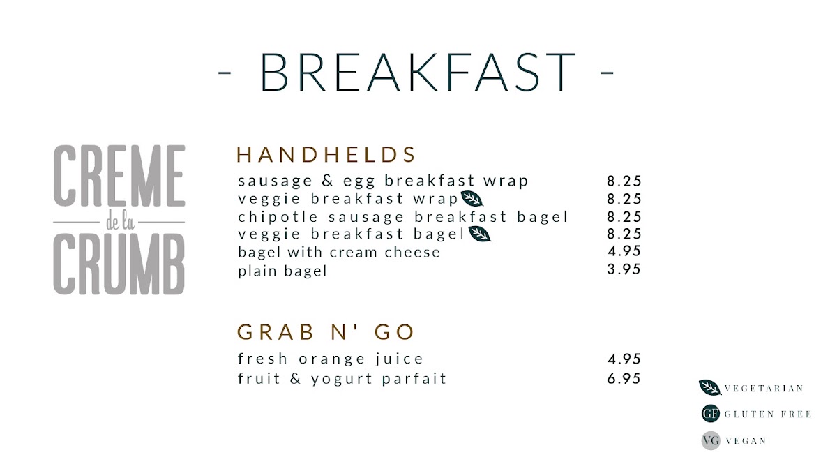 Creme de la Crumb Bakeshop & Catering menu board