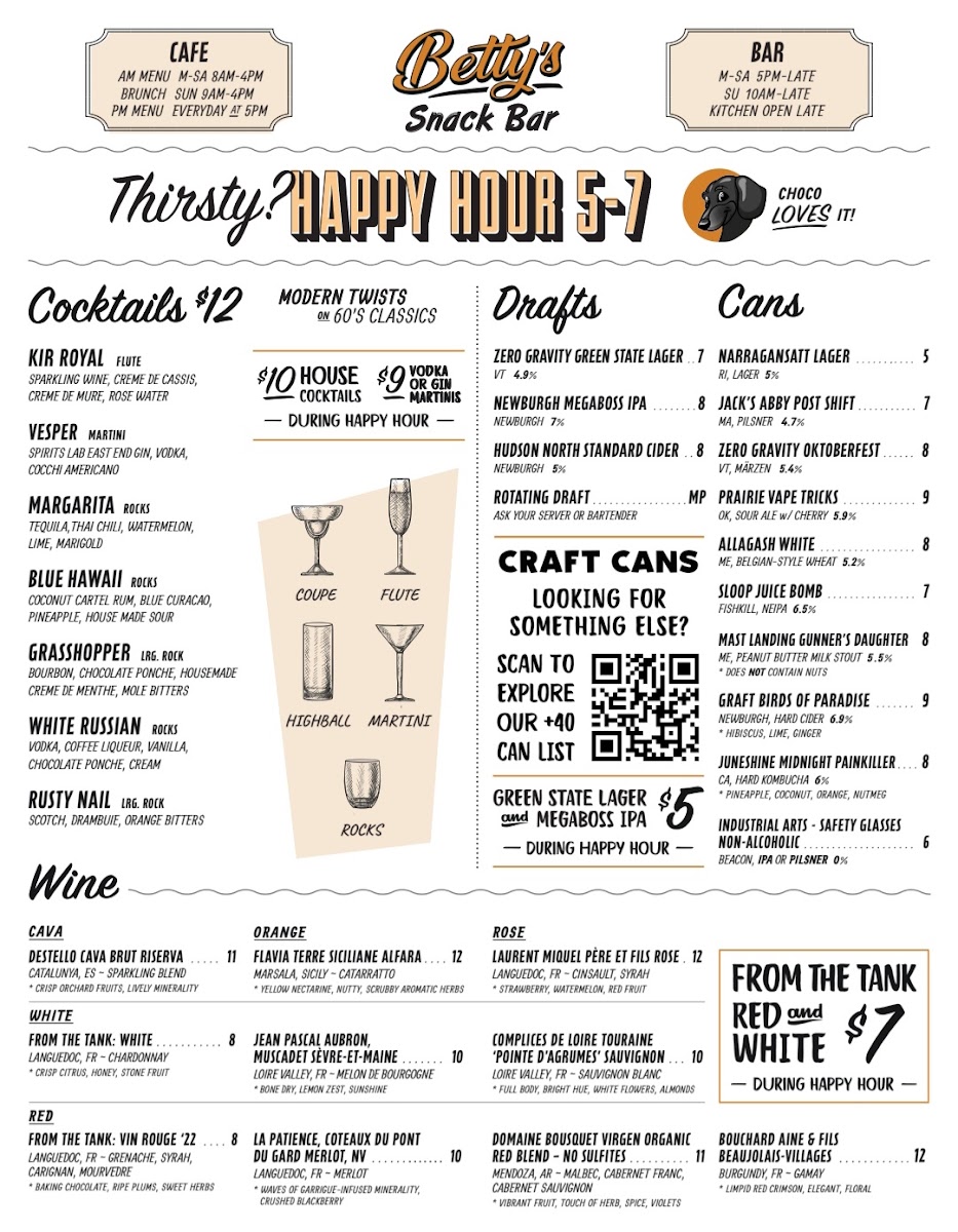 Betty's Snack Bar menu board