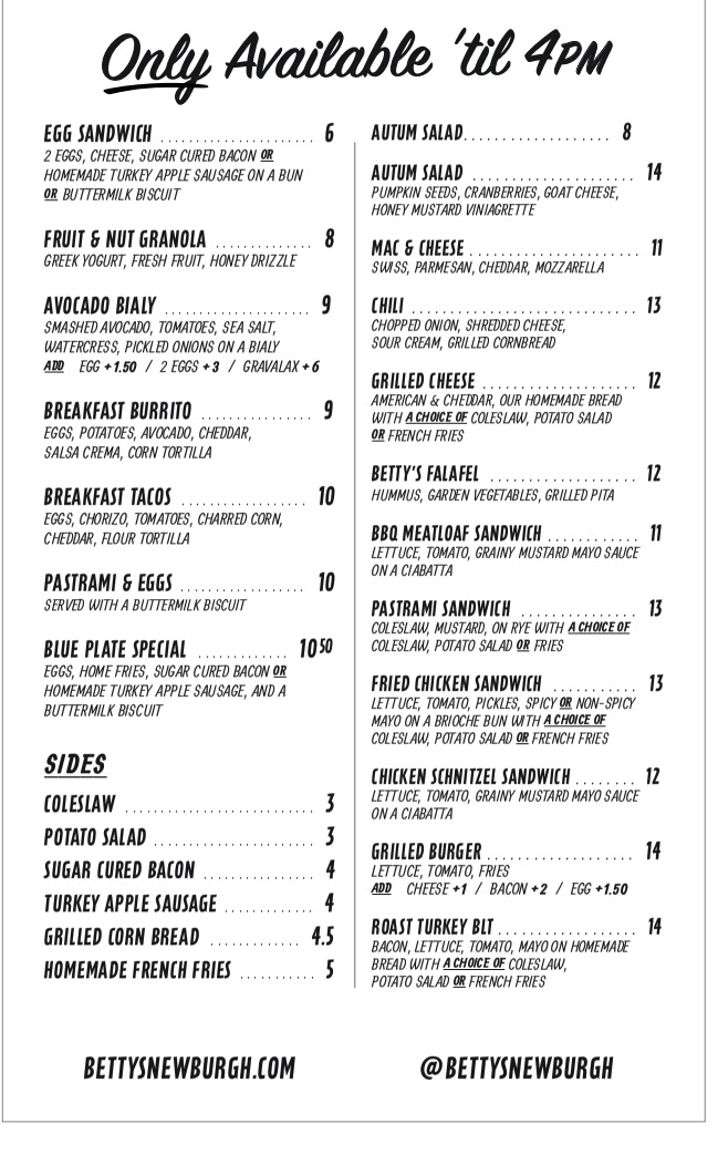 Betty's Snack Bar menu board