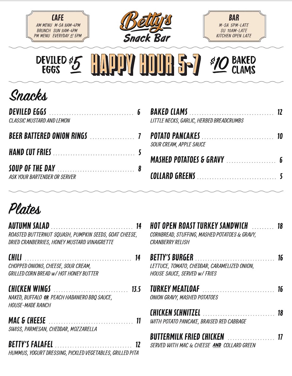 Betty's Snack Bar menu board