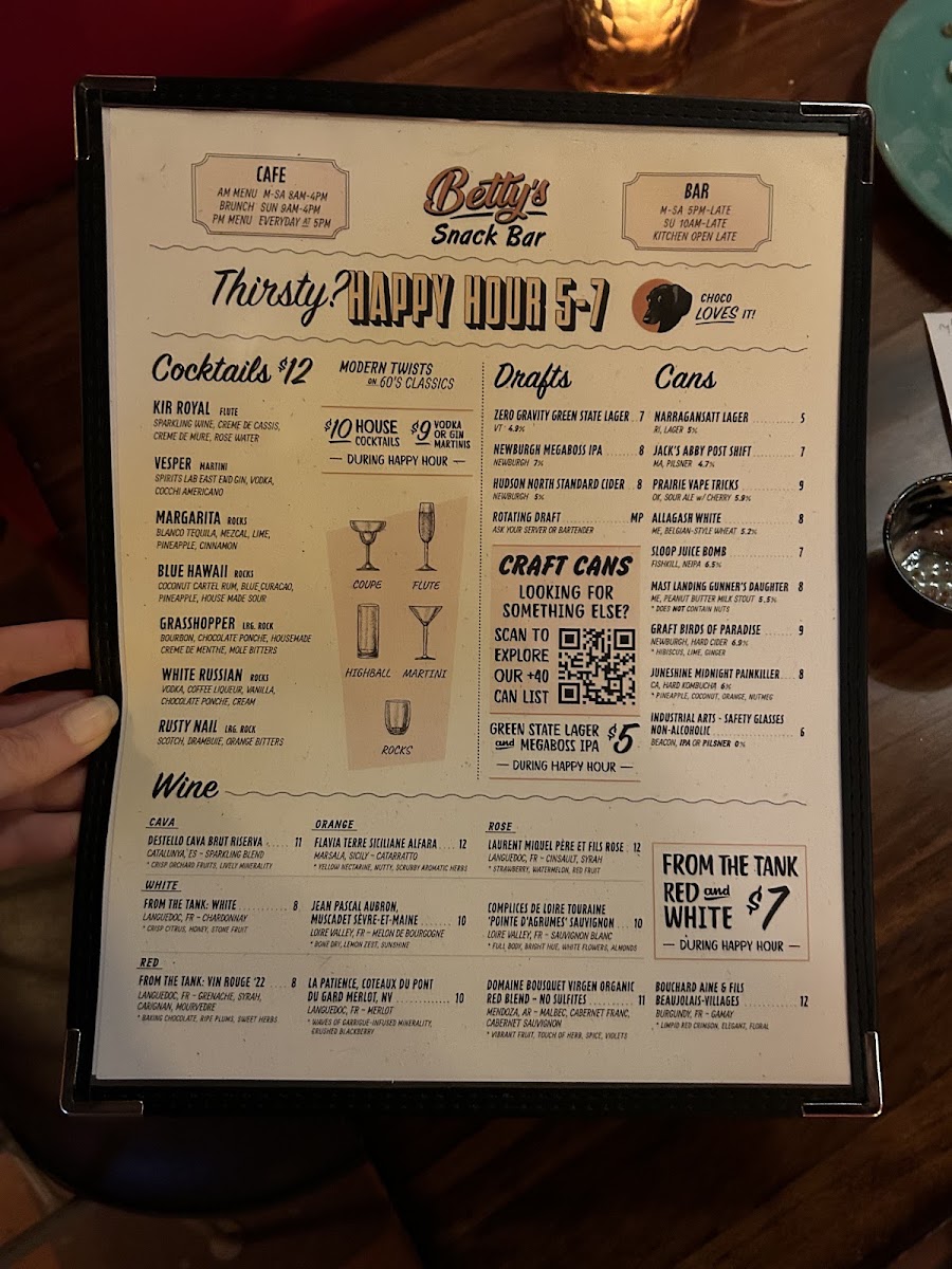 Betty's Snack Bar menu board