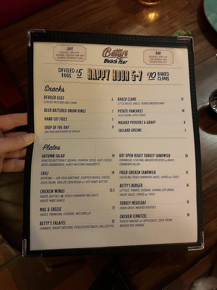 Betty's Snack Bar menu board