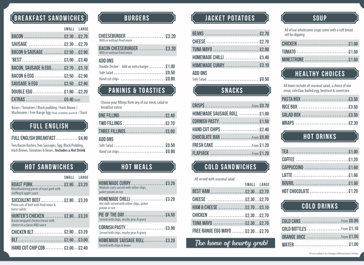 The Railside Cafe menu board